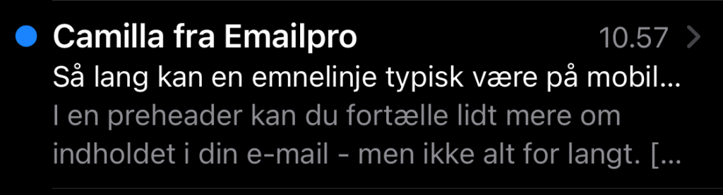 Her ser du afsendernavn, emnelinje og preheader på en e-mailkampagne.